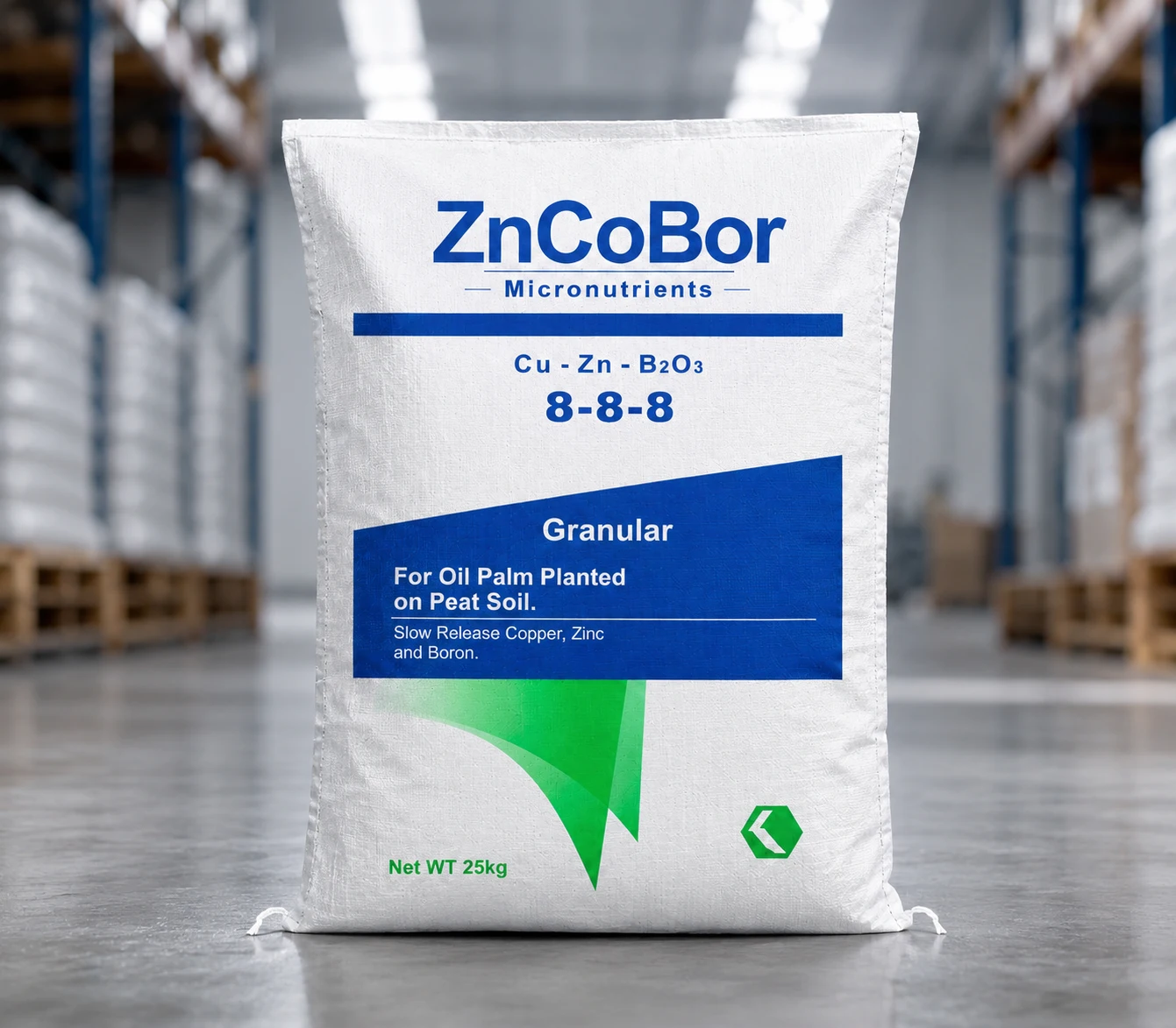 A white and blue ZnCoBor micronutrient granule bag for PP woven chemical packaging bags