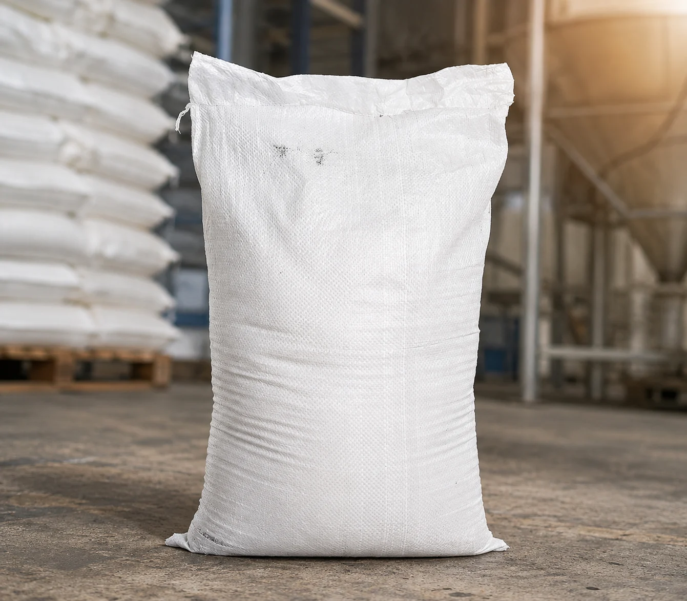 Filled PP woven sandbags arranged as a flood-control barrier beside a road or doorway; backup image for PP woven sand bags.