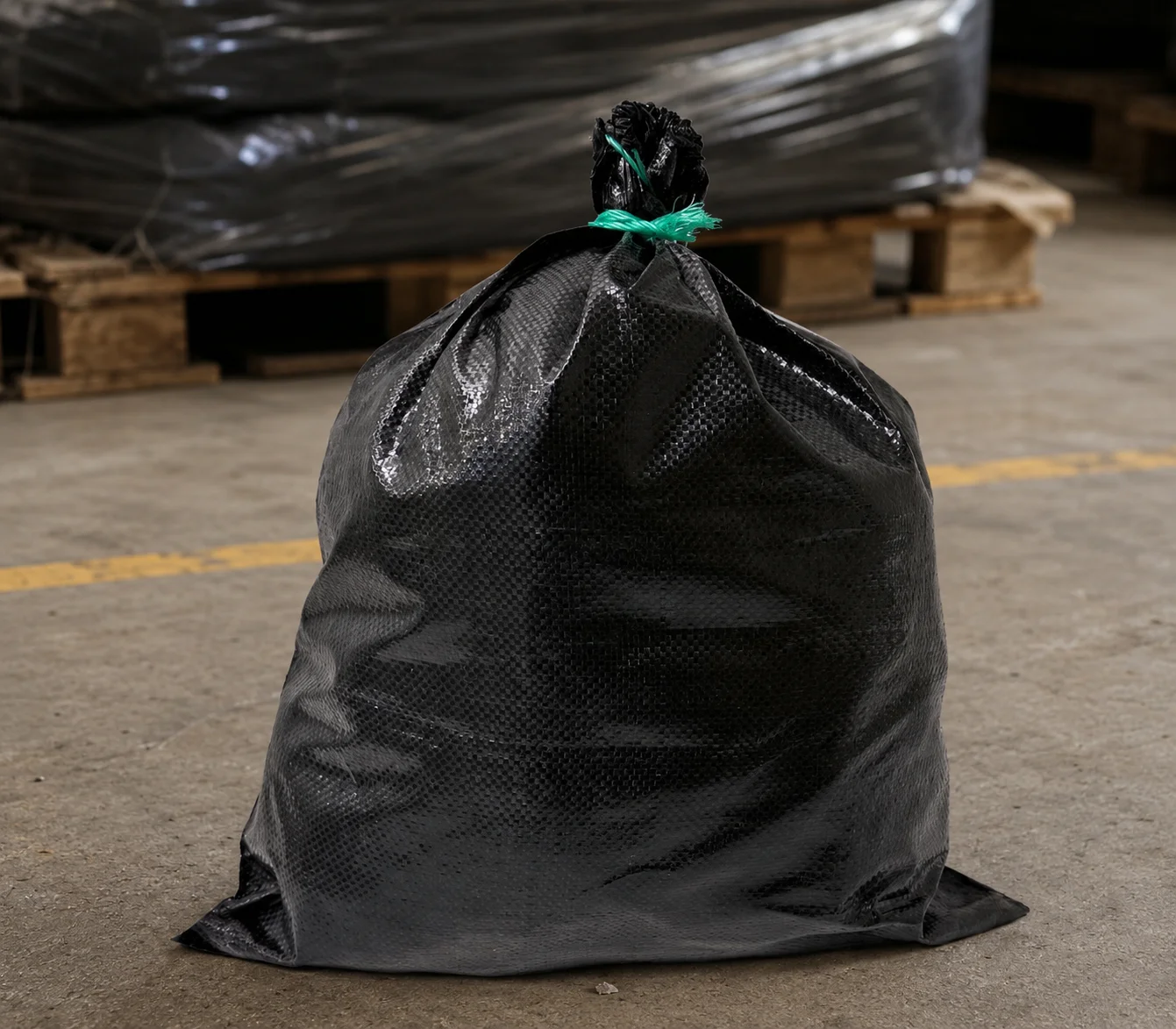 A black woven sandbag with a gathered closure for PP woven sand bags.