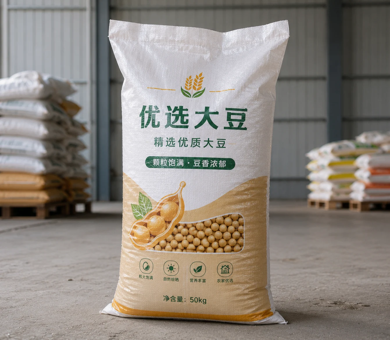 Printed soybean or pulse bags stacked in a dry warehouse; backup image for Custom PP woven grain packaging bags.