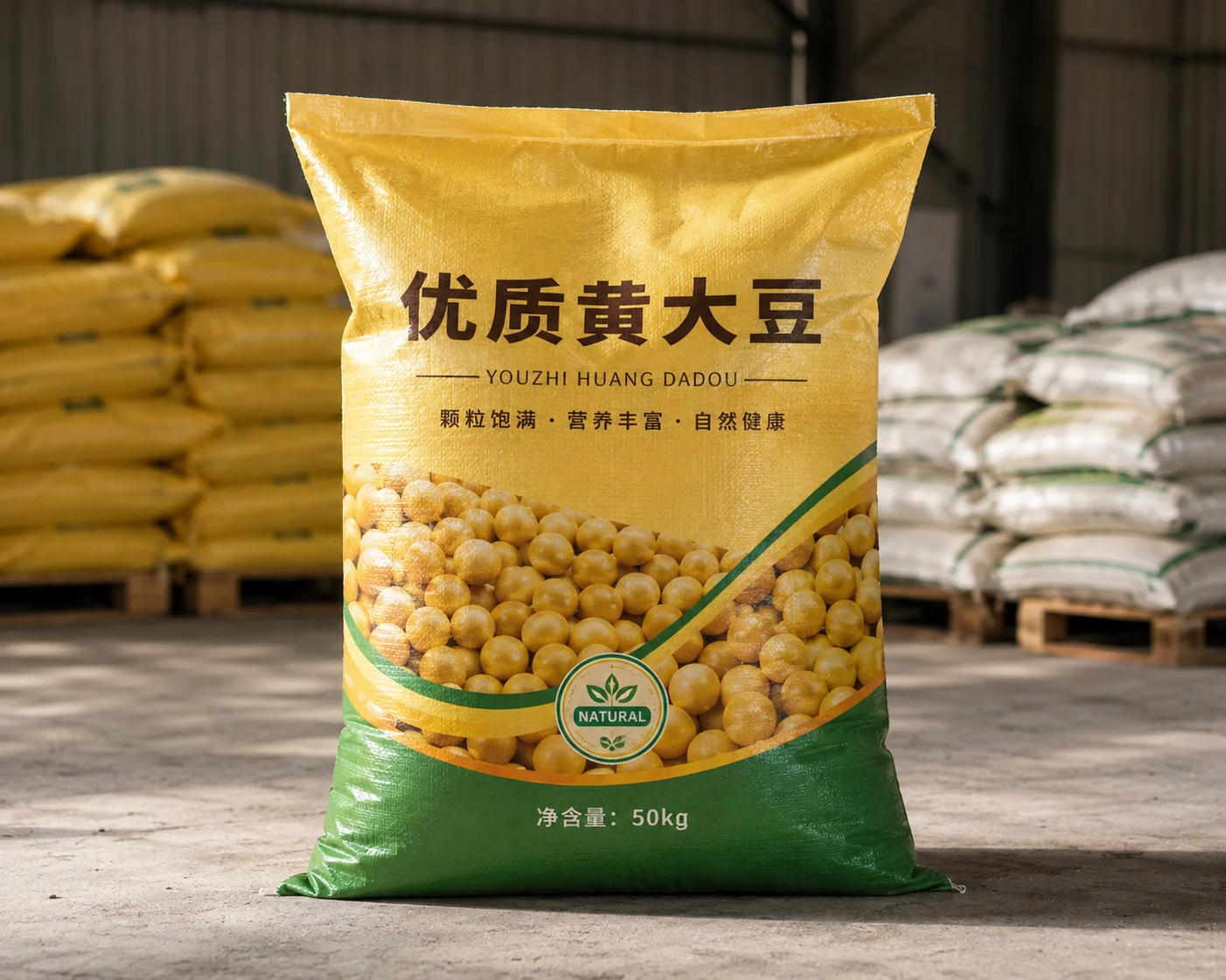 A yellow printed grain sack with regional and harvest imagery for Custom PP woven grain packaging bags.