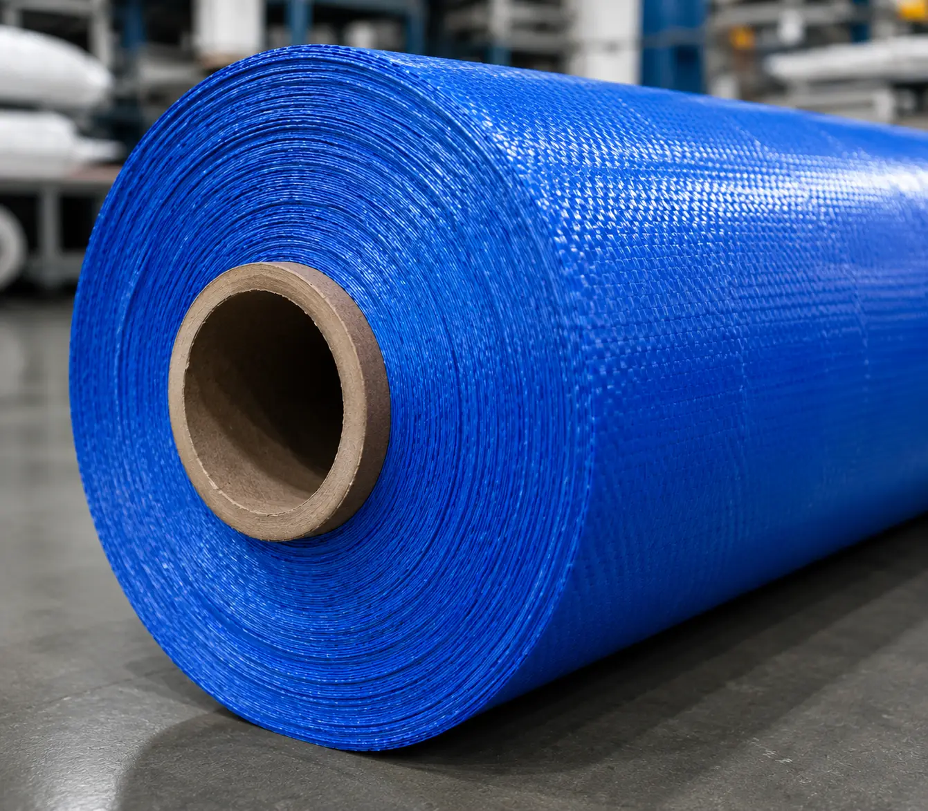 A large blue woven fabric roll with a visible cardboard core for PP woven fabric rolls.